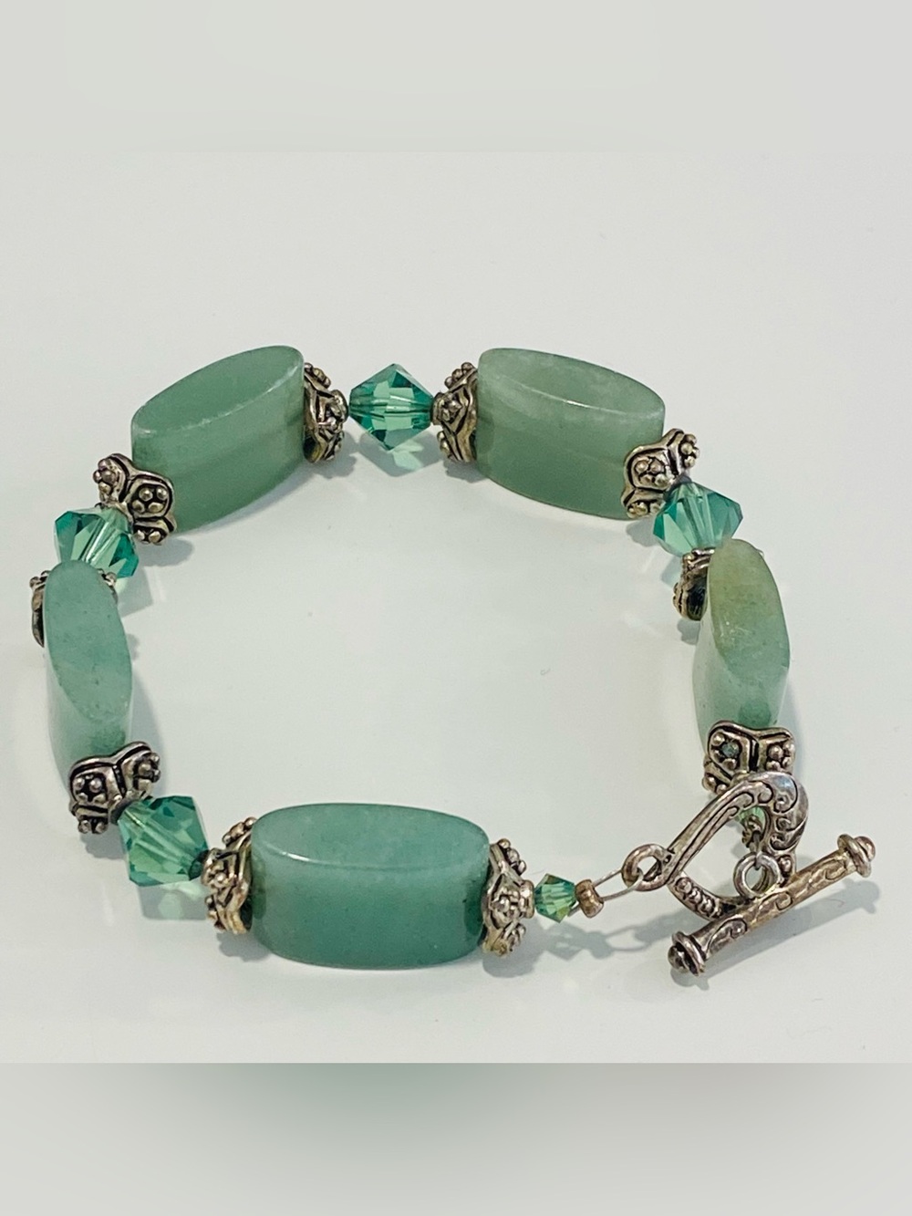 Vintage Rectangular Green Stones Bracelet Silver tone Spacers Faceted Beads